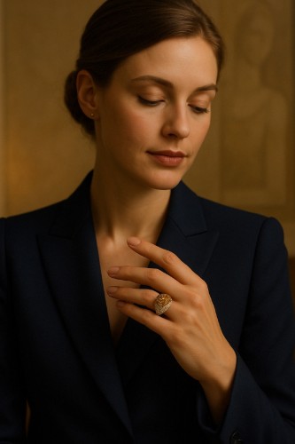 XXe siècle - Bague bombée en or gris pavée diamants cognac
