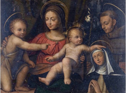 Vierge à l’Enfant entourée de saints, Italie du Nord XVIIe siècle - Tableaux et dessins Style 