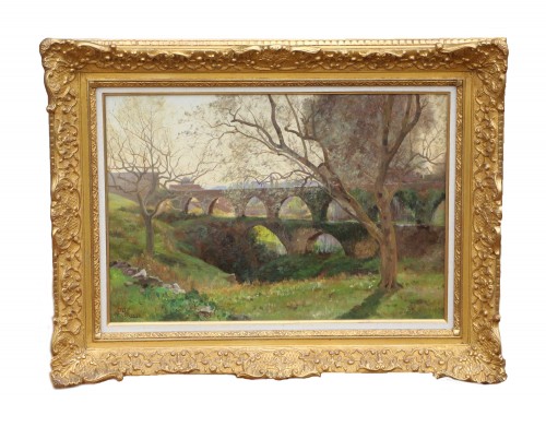 Léon LE ROYER (1858 – 1939) - Un vieux pont au Cannet - Tableaux et dessins Style Art nouveau