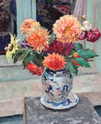 Alfred Swieykowski (1869-1953) - Bouquet de dahlias au vase Imari