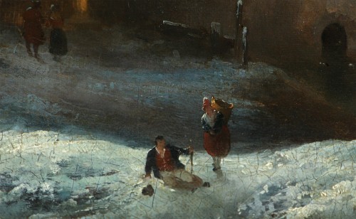 Tableaux et dessins Tableaux XIXe siècle - Auberge une nuit d’hiver, Ecole Romantique du XIXe siècle
