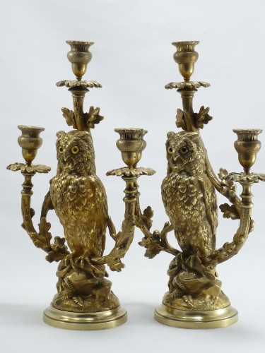 XIXe siècle - Garniture de cheminée aux hiboux en bronze