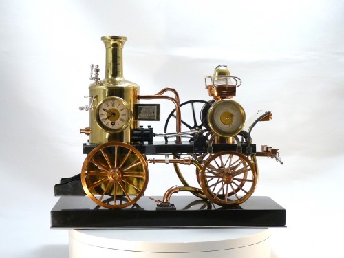 XIXe siècle - Pendule industrielle automate, pompe à incendie à vapeur