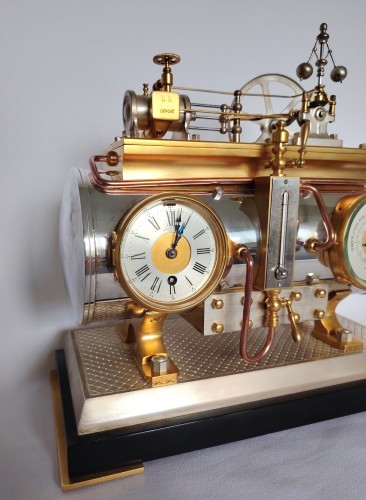 French Industrial Automaton Clock, Horizontal Steam Engine - 