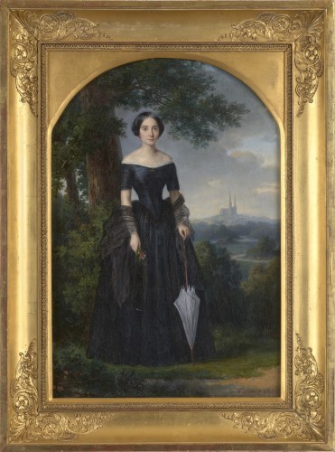 Victor Favier (1824 -après 1889) - Portrait de Marie Despagne devant la cathédrale de Chartres