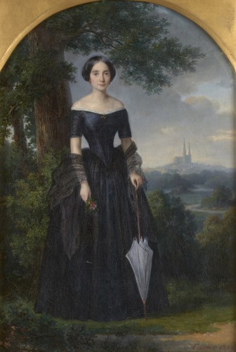 Victor Favier (1824 -après 1889) - Portrait de Marie Despagne devant la cathédrale de Chartres - Tableaux et dessins Style Louis-Philippe
