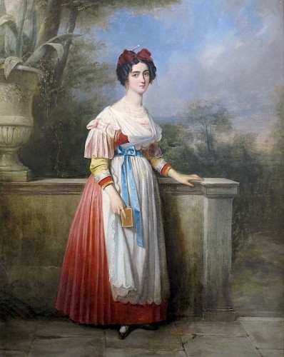 Oscar Guët (1801–1871) - Portrait en pied de Vittoria Caldoni en costume régional - Tableaux et dessins Style Restauration - Charles X
