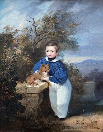 Théophile Charon-Lémérillon (1807–1873) - Portrait en pied d’un enfant avec son chien - Tableaux et dessins Style Restauration - Charles X