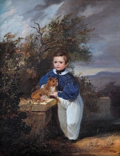 Théophile Charon-Lémérillon (1807–1873) - Portrait en pied d’un enfant avec son chien - Tableaux et dessins Style Restauration - Charles X