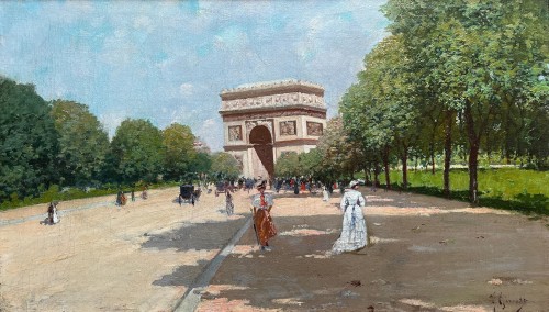 Fausto GIUSTO (1867–1941) - Avenue du bois de Boulogne in Paris - Paintings & Drawings Style Art nouveau