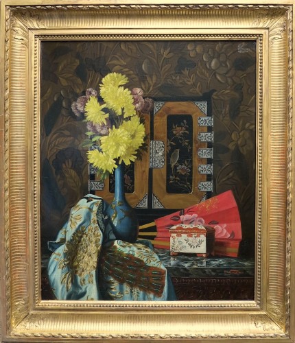 Pauline Vallée (lyon, XIX - ?) - Floral composition with chinoiserie