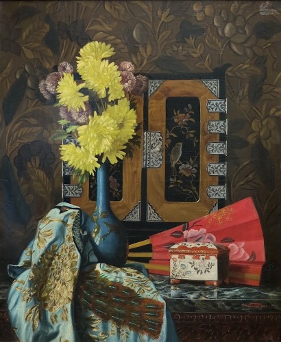 Pauline Vallée (lyon, XIX - ?) - Floral composition with chinoiserie - Paintings & Drawings Style Napoléon III