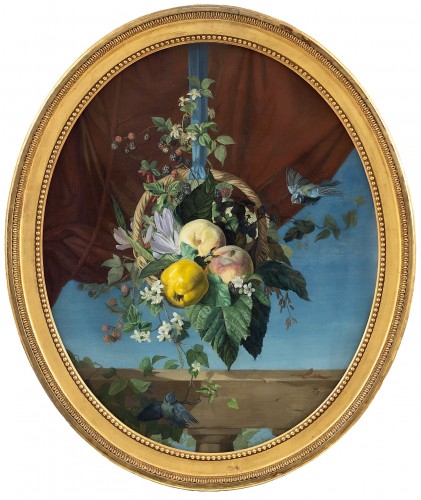 Monogrammiste V. R. - Nature morte au panier de fruits et aux oiseaux