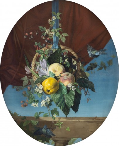 Monogrammiste V. R. - Nature morte au panier de fruits et aux oiseaux - Tableaux et dessins Style Napoléon III