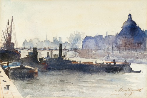 Marcel PRUD’HOMME (1877–1955) - Panorama de Paris sur l’Institut et le Pont des Arts - Tableaux et dessins Style Napoléon III