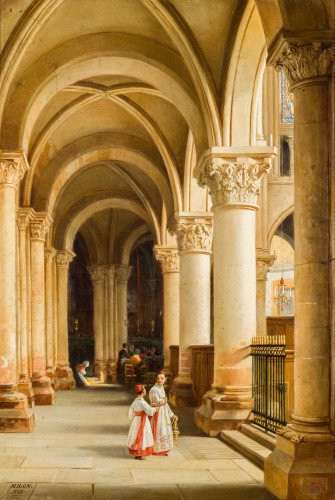Alexis Milon (1784 –1858) - Interior view of Saint-Germain-des-Prés, Paris - Paintings & Drawings Style Louis-Philippe