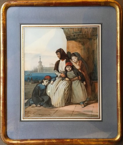 A family of Greek refugees, painted in Venice in 1824 - Paintings & Drawings Style Restauration - Charles X