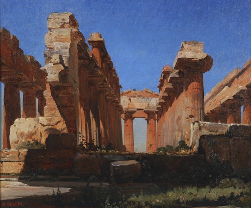 Jean-Charles GESLIN ( 1814 –1887) - Paestum, les ruines du temple de Neptune - Tableaux et dessins Style Louis-Philippe