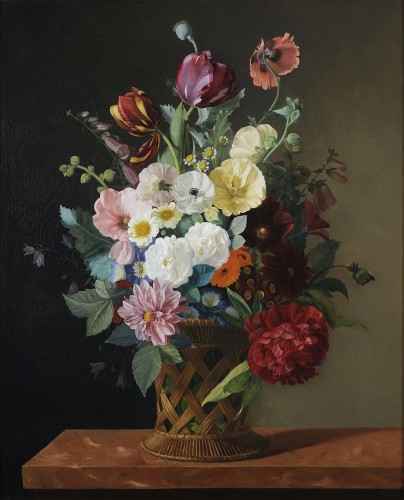 Jean-Baptiste GALLET (1820-1848) - Bouquet de fleurs dans un panier - Tableaux et dessins Style Louis-Philippe