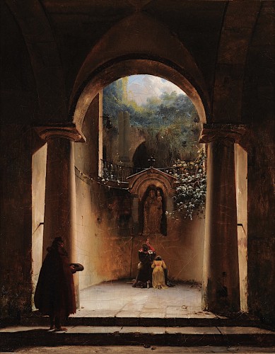 Henri-Édouard TRUCHOT (1798–1822) - Prayer to the Virgin in a ruined church - Paintings & Drawings Style Restauration - Charles X