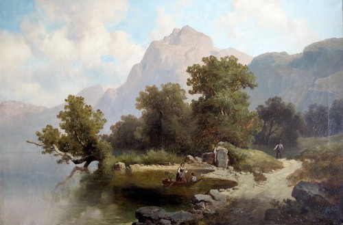 Josef THOMA (1828–1899) - Sur les bords d‘un lac dans les alpes autrichiennes - Huile - Tableaux et dessins Style Napoléon III