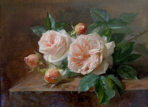 André PERRACHON (1828–1908) - Roses sur un entablement - Tableaux et dessins Style Napoléon III