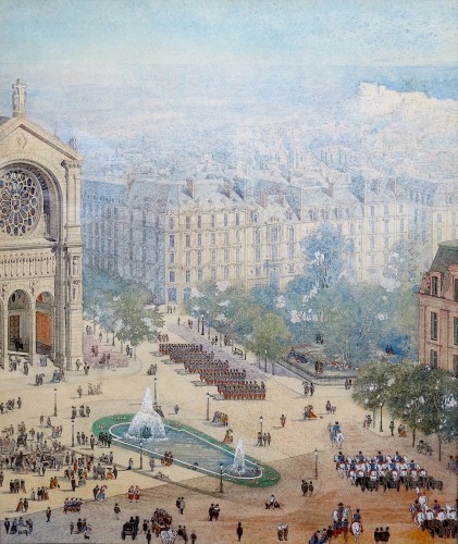 French school around 1880 -Military parade on place Saint-Augustin in Paris