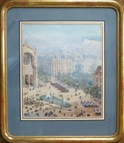 École française vers 1880 - Défilé militaire place Saint-Augustin à Paris - Tableaux et dessins Style Napoléon III