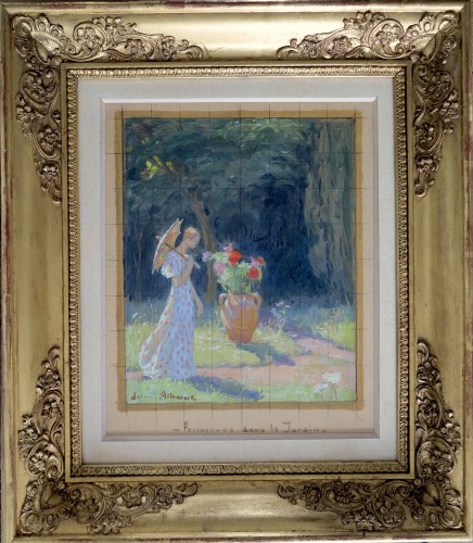 Ludovic ALLEAUME (1859–1941) - Promenade dans le jardin - Gouache