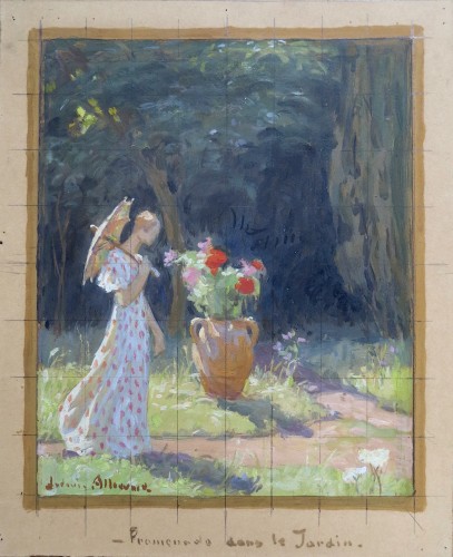 Ludovic ALLEAUME (1859–1941) - Promenade dans le jardin - Gouache - Tableaux et dessins Style Art nouveau