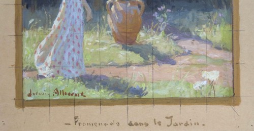 Tableaux et dessins Dessin, Aquarelle & Pastel - Ludovic ALLEAUME (1859–1941) - Promenade dans le jardin - Gouache