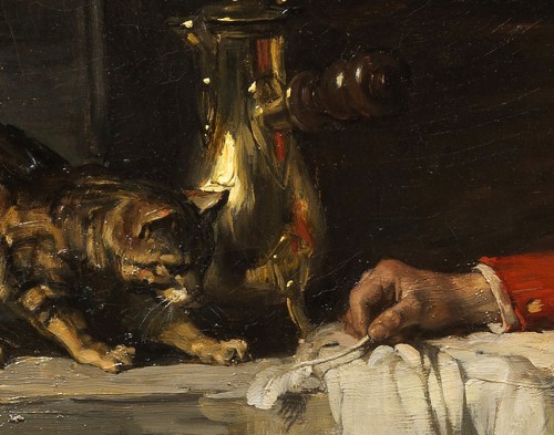 Tableaux et dessins Tableaux XIXe siècle - Joseph Bail (1862-1921) - Jeune marmiton jouant avec un chat
