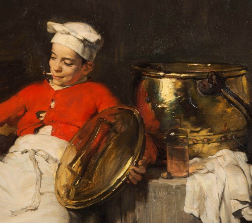 Antiquités - Joseph Bail (1862-1921) - Young kitchen boy playing with a cat