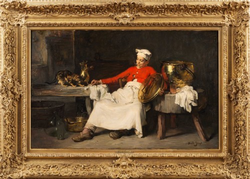 Antiquités - Joseph Bail (1862-1921) - Jeune marmiton jouant avec un chat