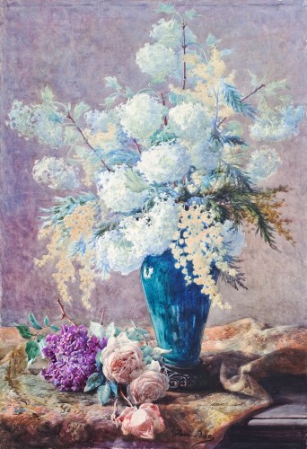 Henri Biva (1848-1928) Composition florale au vase de Chine