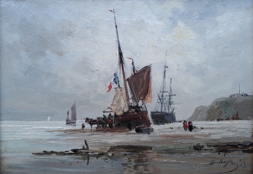 Pierre Dulhoya (active in the 19th cent.) - Boats on the beach at low tid