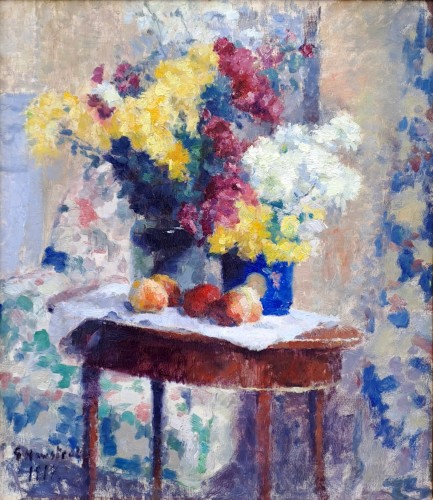 Gaston Haustrate (1878-1949) Pêches et vases de fleurs