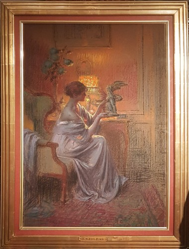 Delphin Enjolras (1857-1945) - Jeune femme admirant une oeuvre d'art - Tableaux et dessins Style 