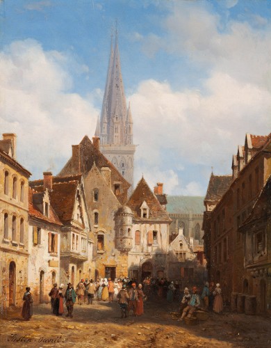 Justin Pierre Ouvrié (1806-1879) "Place animée dans le Finistère"