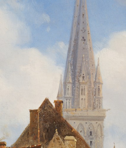 Justin Pierre Ouvrié (1806-1879) "Place animée dans le Finistère" - Tableaux et dessins Style Restauration - Charles X