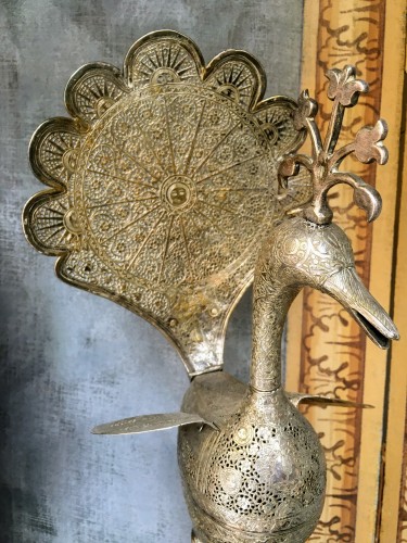 Perfume-burner paire shaped as a peacock. Iran, Qajar - 