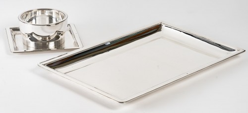 Antiquités - Jean E. Puiforcat - Silver sauce boat and silver rectangular dish  Art Deco