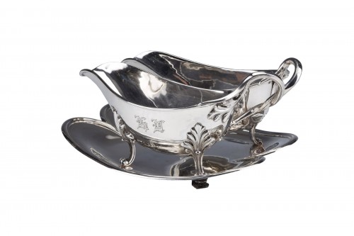 Goldsmith Odiot - Double Sauceboat On Tray In Sterling Silver Late 19th