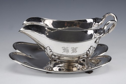 Antique Silver  - Odiot - Double Sauceboat On Tray In Sterling Silver Late 19th