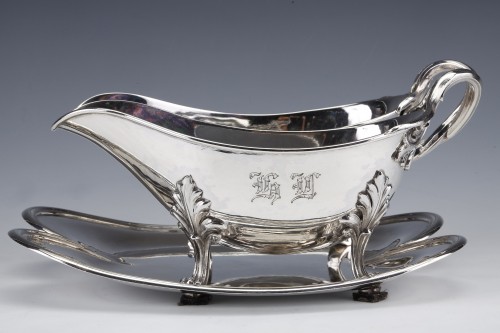 Antiquités - Odiot - Double Sauceboat On Tray In Sterling Silver Late 19th