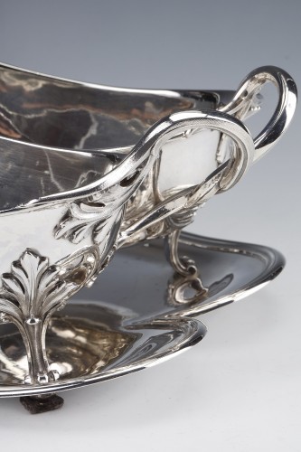 Antiquités - Odiot - Double Sauceboat On Tray In Sterling Silver Late 19th