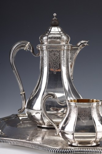 A. Aucoc - Tea coffee set  6 silver pieces and his tray 19th - silverware & tableware Style Napoléon III