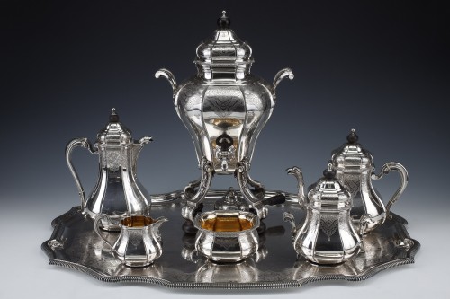 Antiquités - A. Aucoc - Tea coffee set  6 silver pieces and his tray 19th