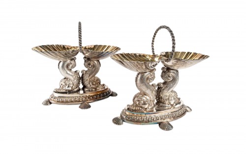 Froment Meurice - Pair of double salt cellars with dolphins in silver 19th 