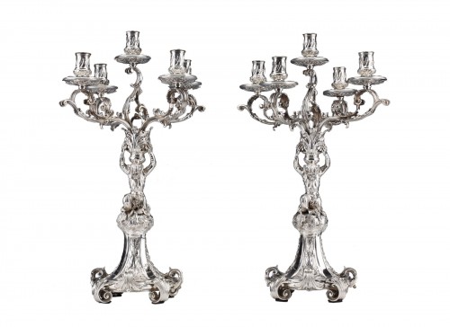 Merite - Pair of zoomorphic sterling silver candelabras 19th century